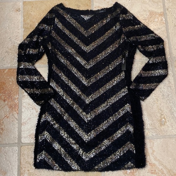NWT VERTIGO Shift dress Womens Evening sequins Metallic Event Party Chevron XL - Picture 1 of 10